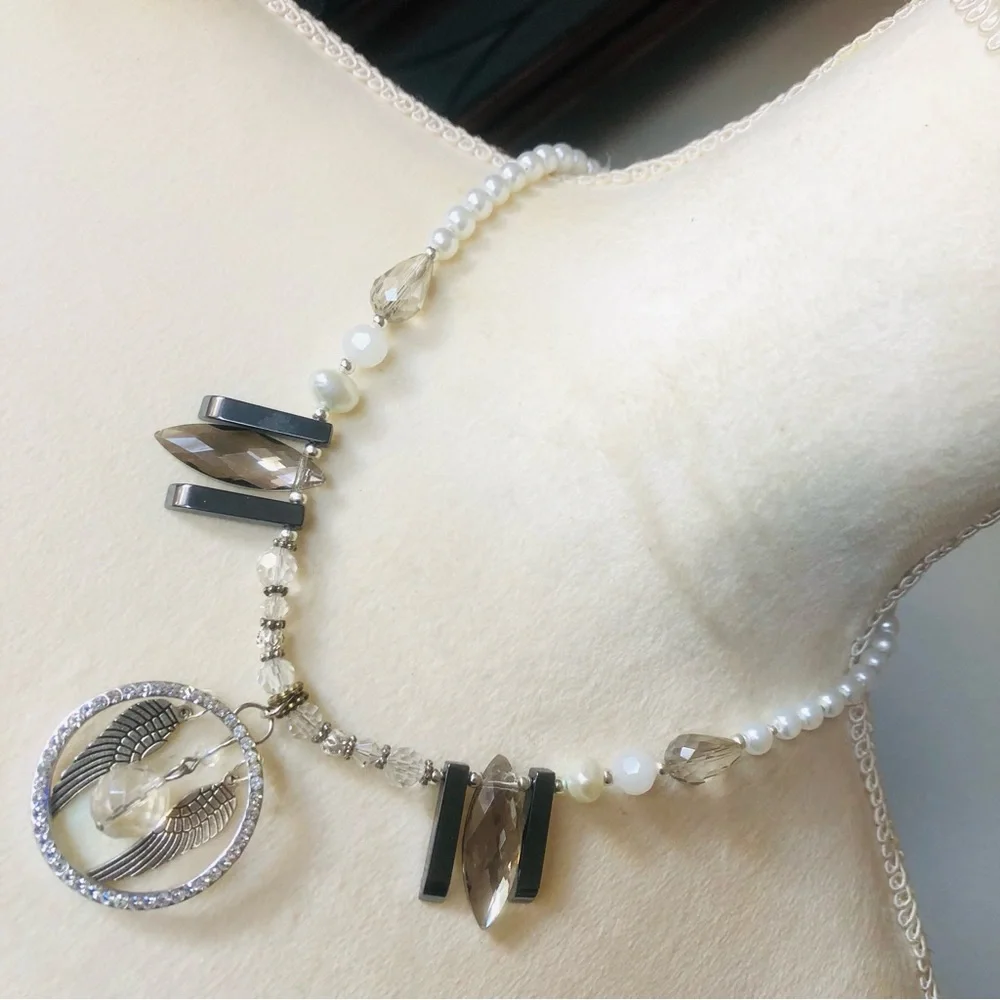 Handcrafted repurpose elegant angel wings Czech glass Pearl necklace